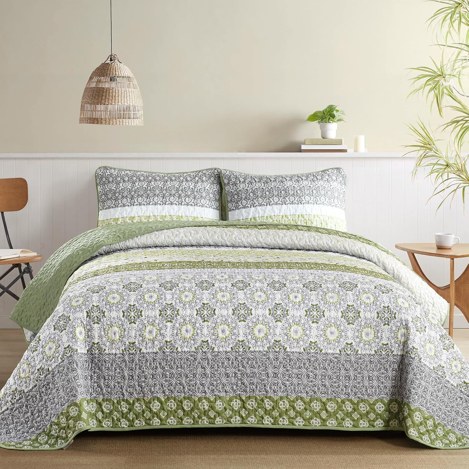 WONGS BEDDING Boho Quilt Set Queen Size Olive Green