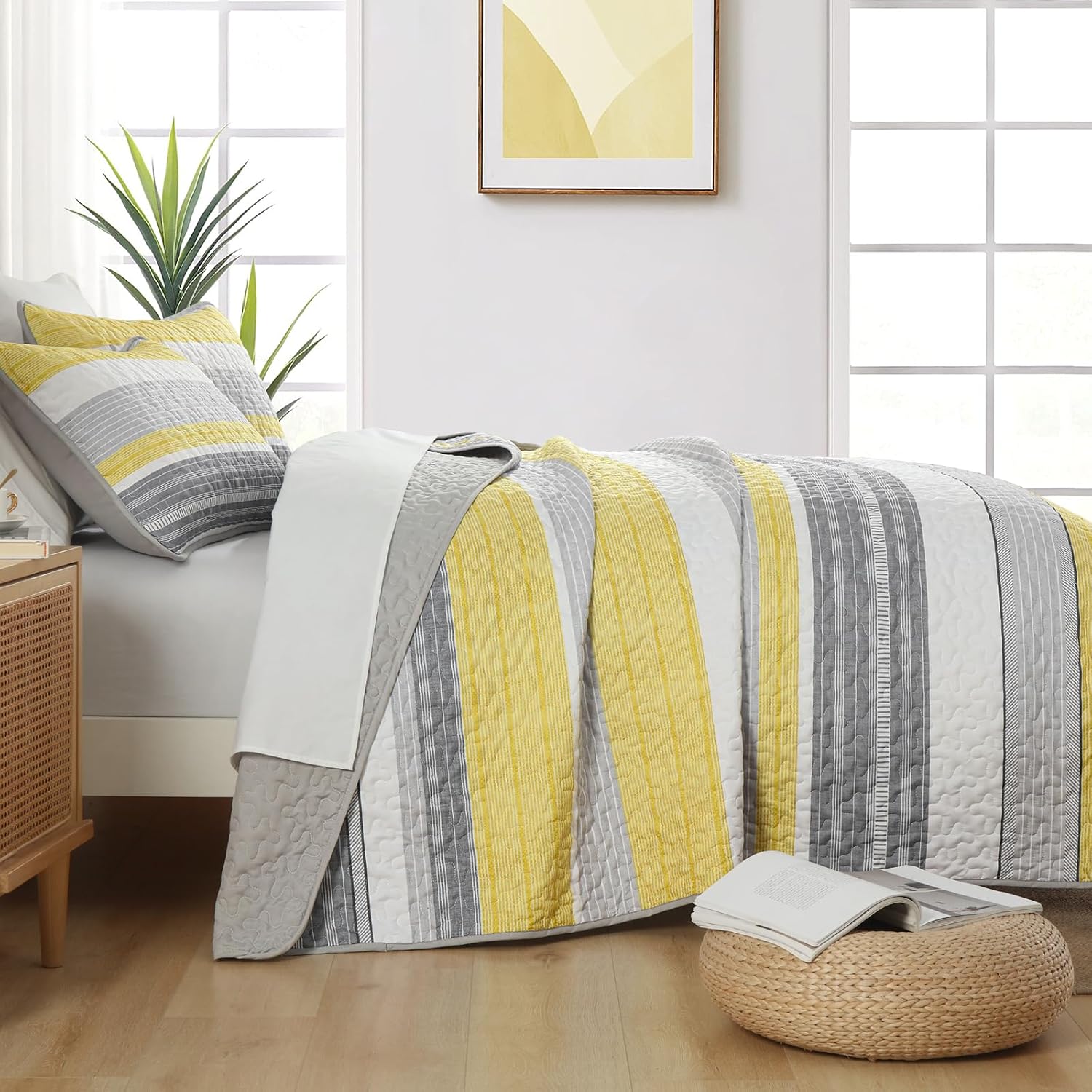 Djoymock Quilt Set Queen Size 3 Piece Fall Striped Bedding Set