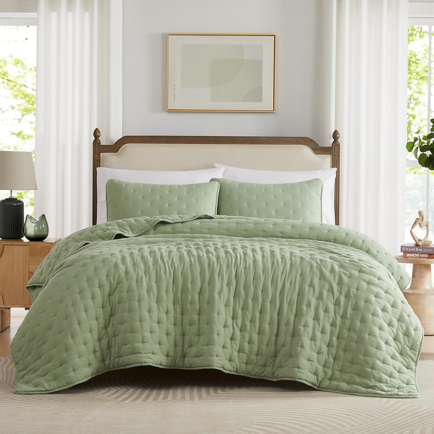 WDCOZY Sage Green Cloud Cal King Quilt Set