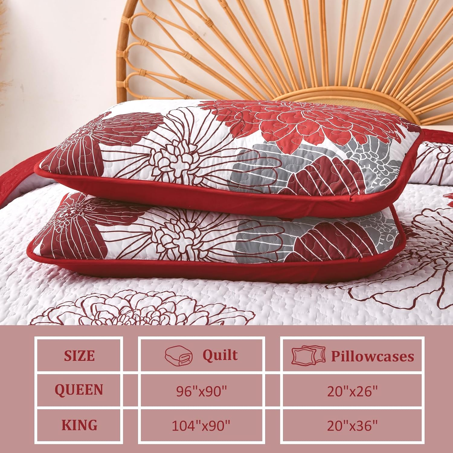 Anibedding Queen Quilt Set Red Floral Pattern 3 Piece