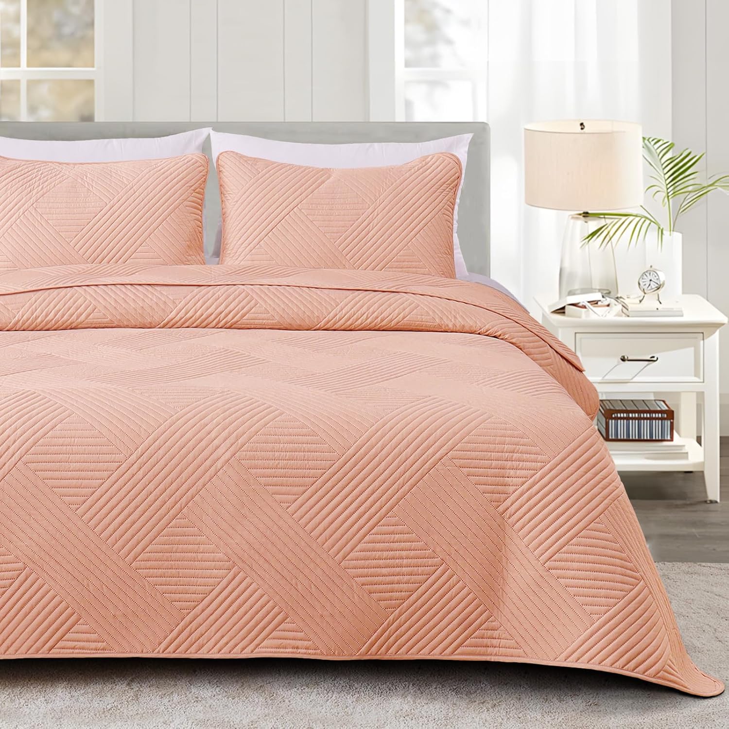 Whale Flotilla King Quilt Set with Embossed Pattern 96x104 Inches Pink