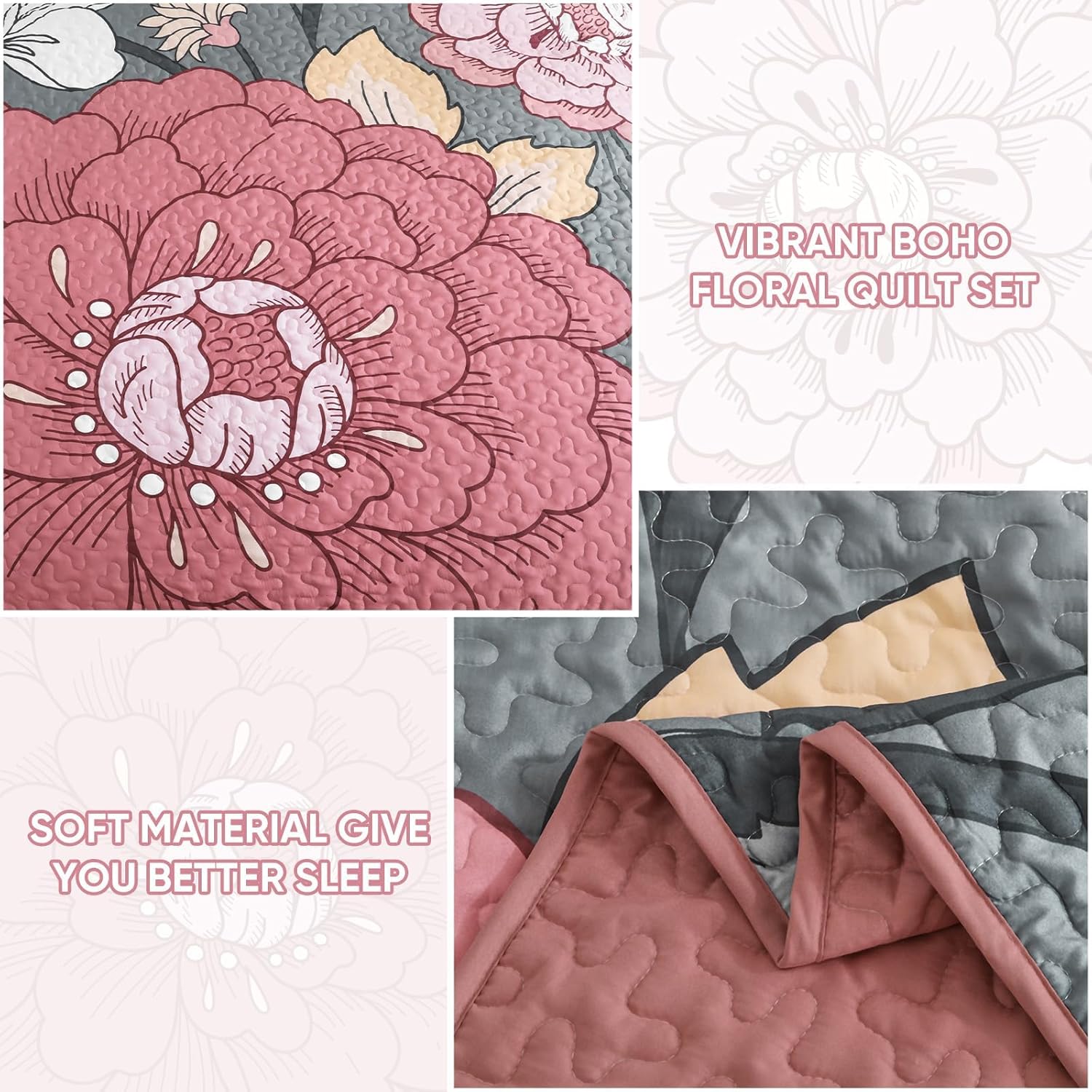 DJY Floral Quilt Set King Size Grey and Pink 1