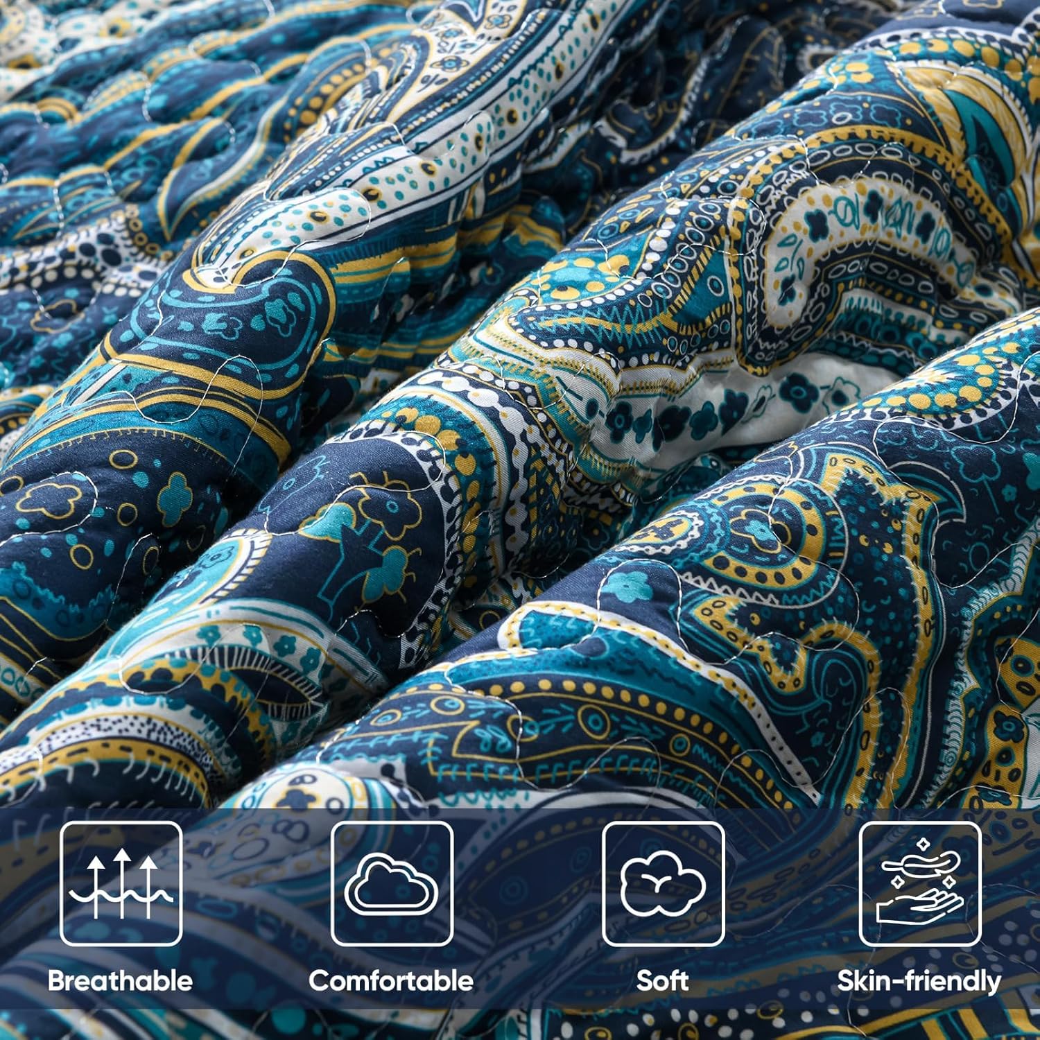 DJY Navy Blue Paisley Quilt Set 3 Piece King Size