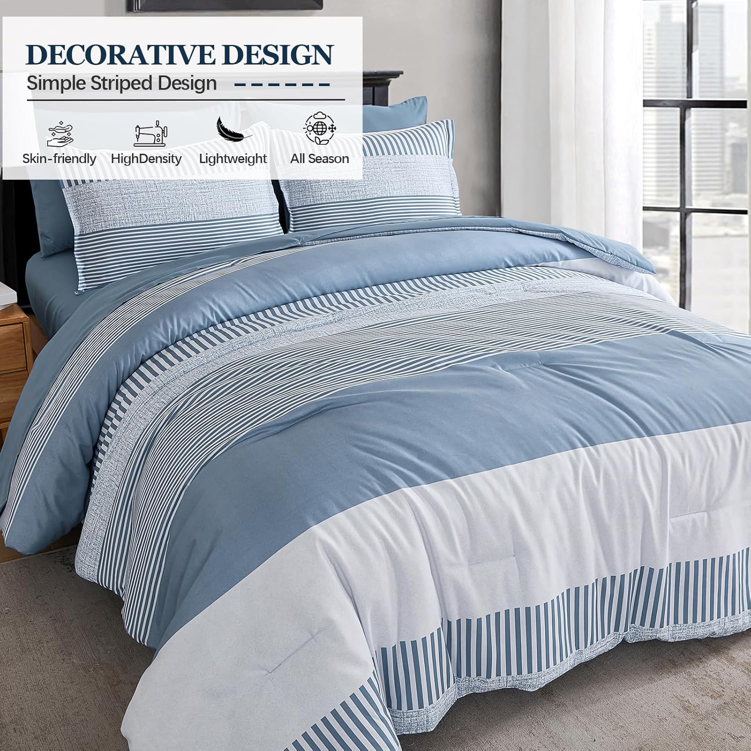 Blue Comforter Set Queen Size Boho Striped Kids Bedding