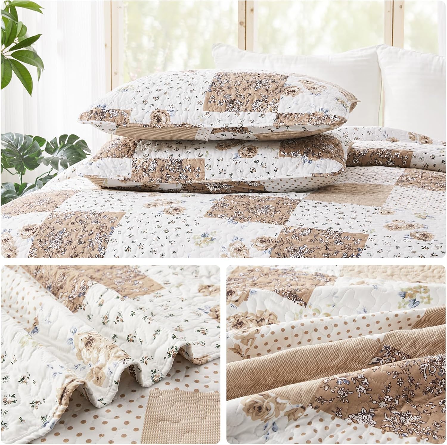 VIVILINEN Reversible Brown Floral Plaid Quilt Set