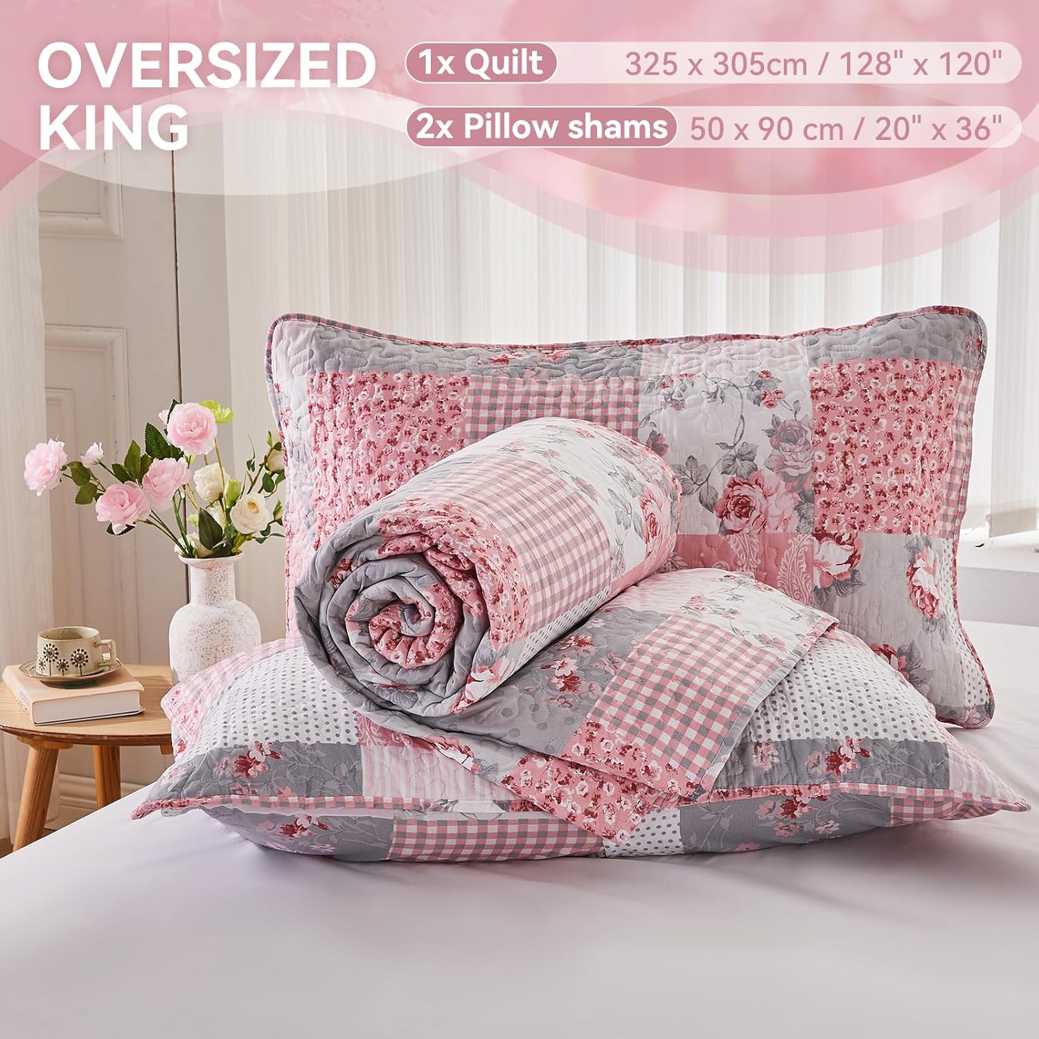 KINBEDY Oversized King Quilt Set 3 Piece Floral Patchwork