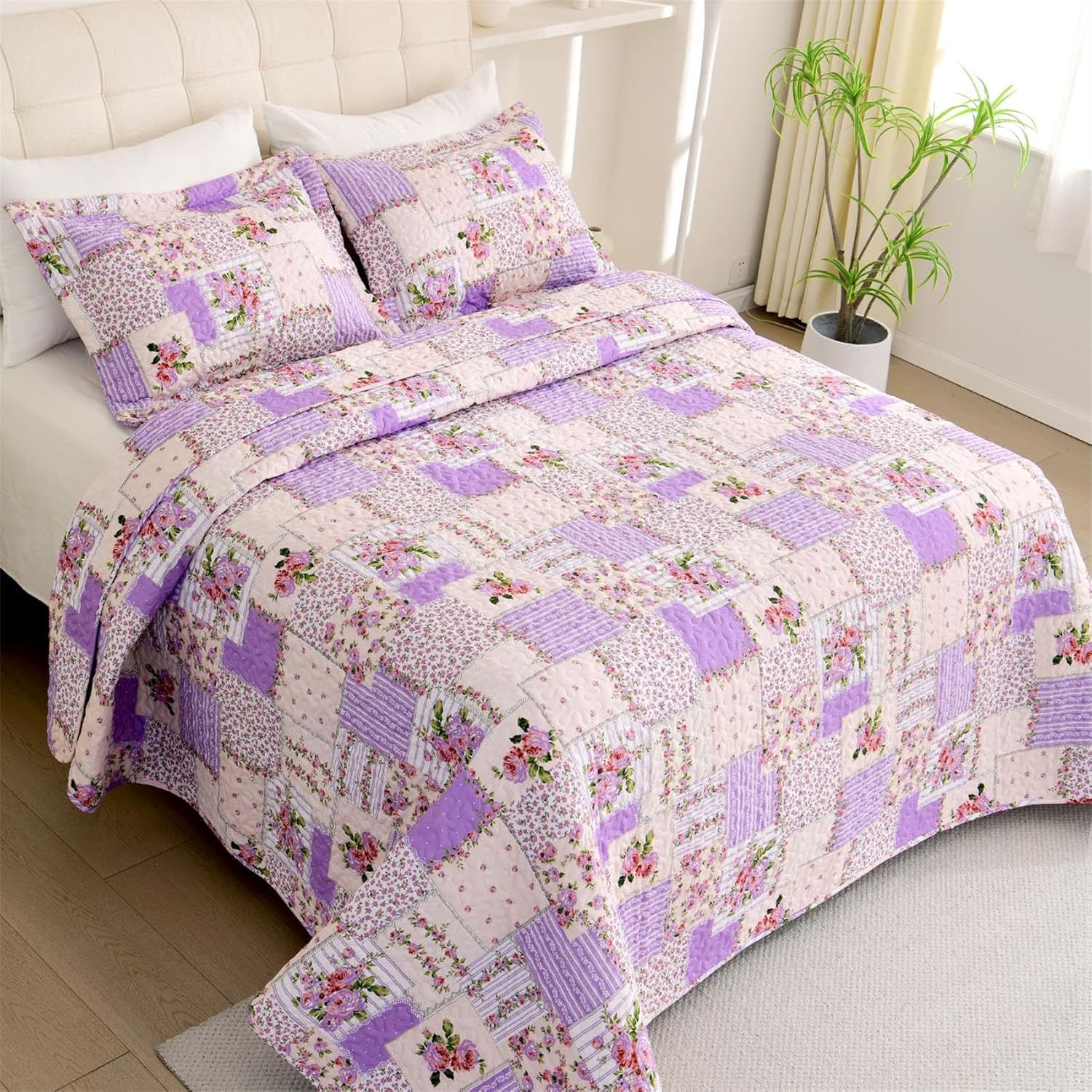Cmfshape Reversible Lilac Floral Quilt Set
