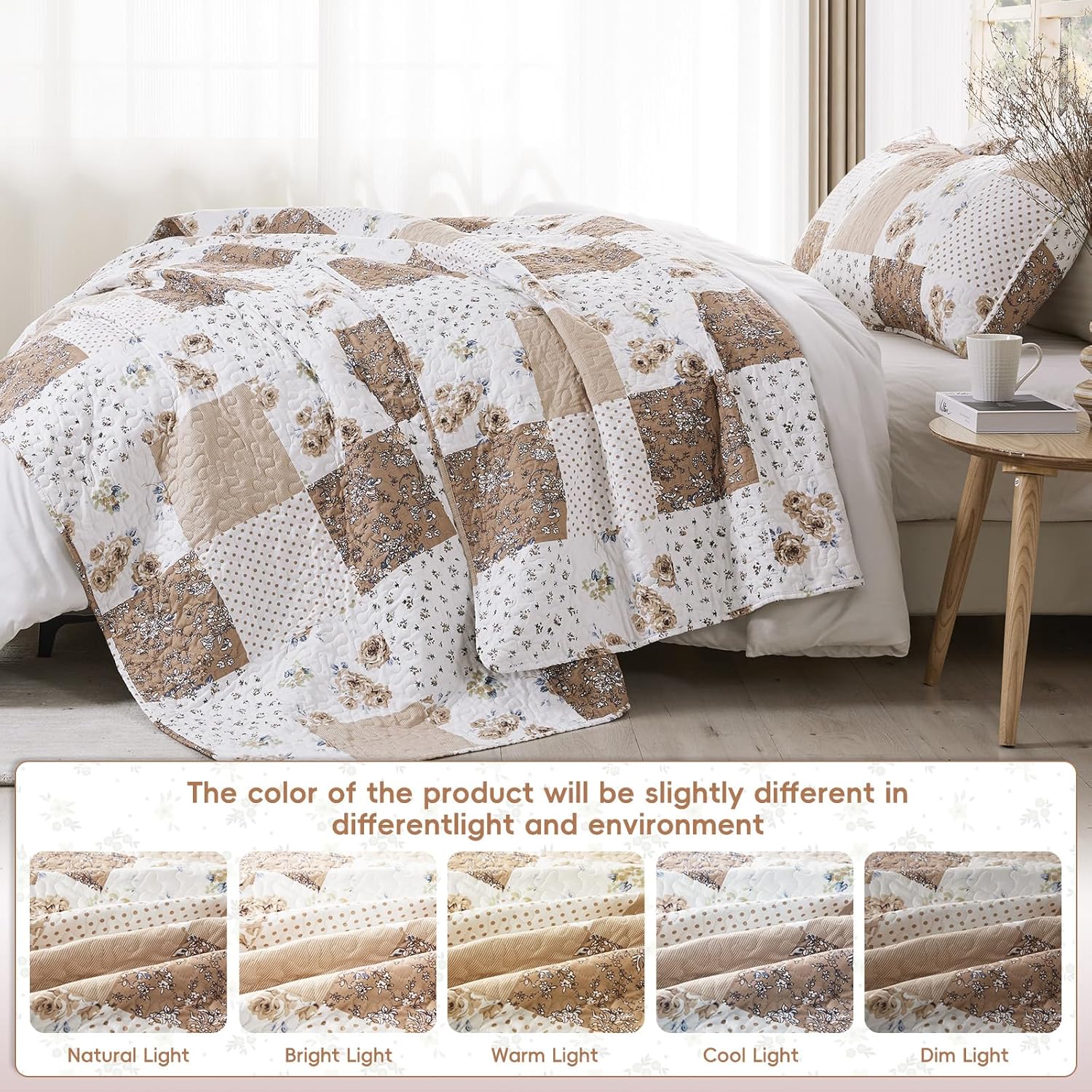 VIVILINEN Reversible Brown Floral Plaid Quilt Set