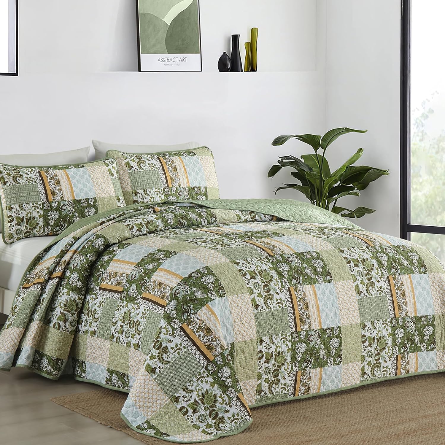 WONGS BEDDING Green Quilt Set King Size 3 Piece 1
