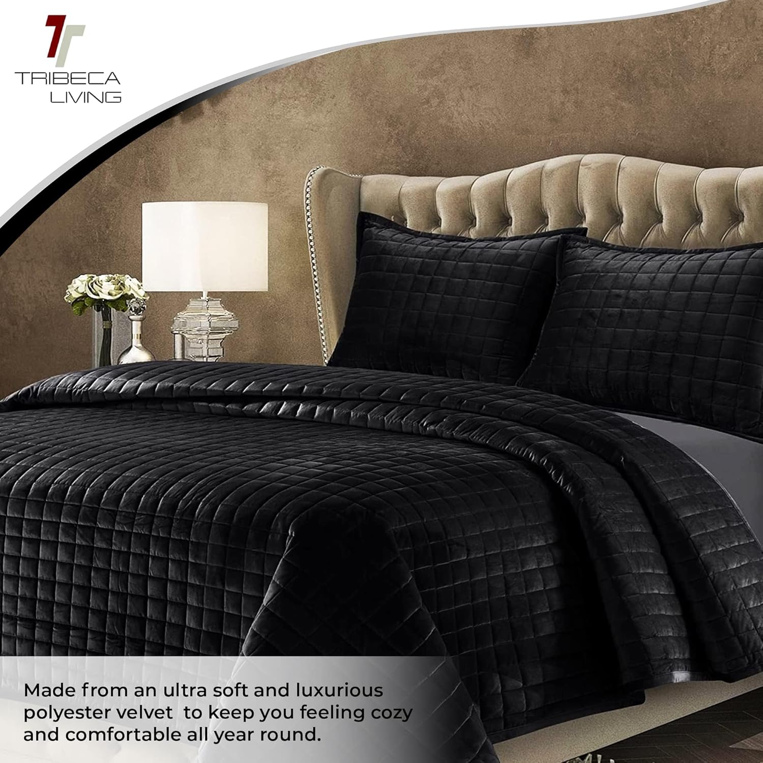 Tribeca Living Velvet Quilt Set Queen Black
