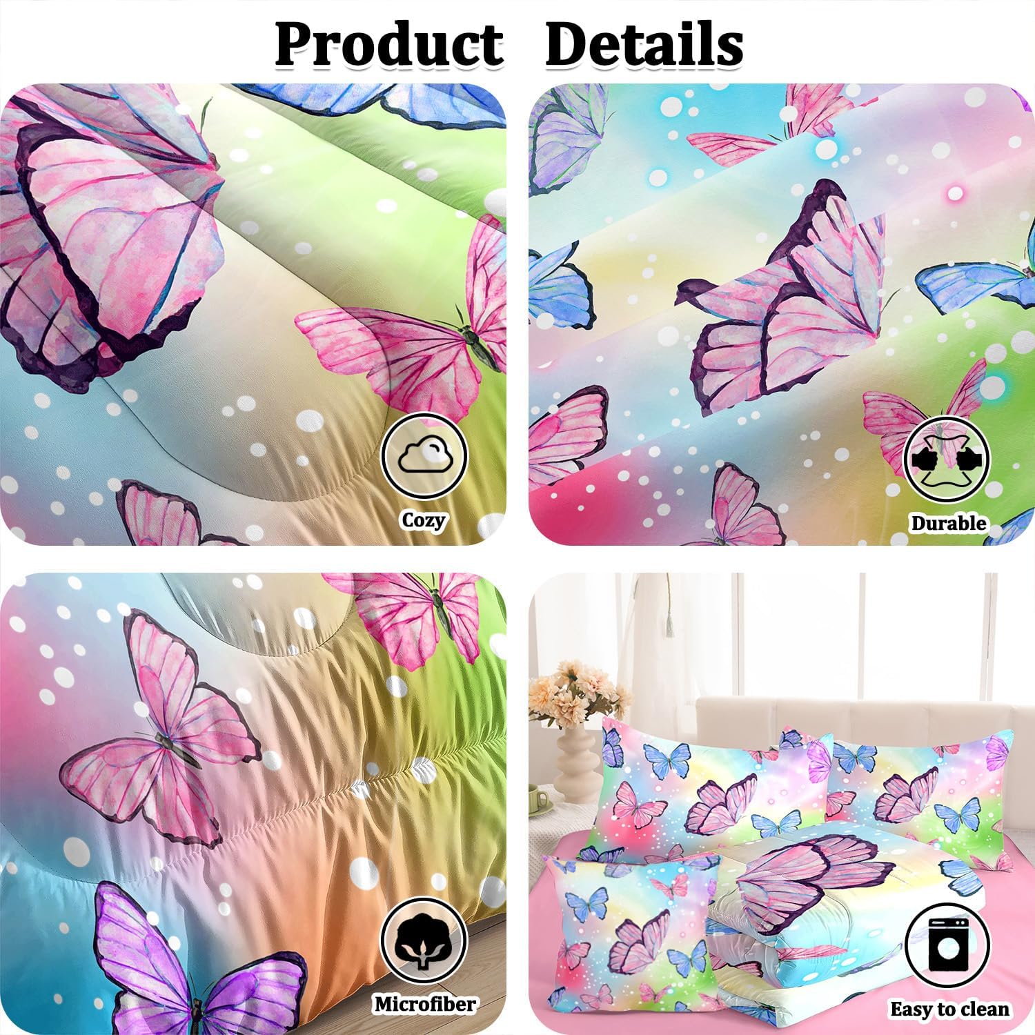 ASKOTU 4 Pcs Rainbow Butterfly Comforter Set for Girls