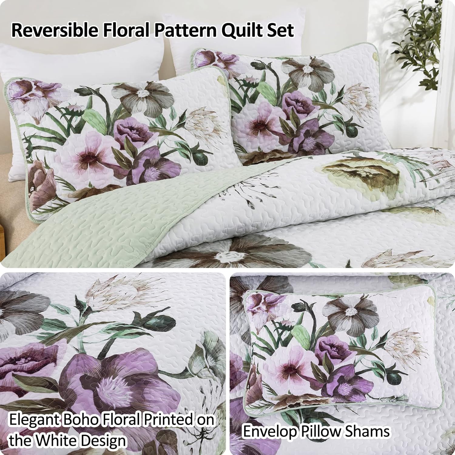 Drucon Floral Quilt Set 3 Piece King Size Boho