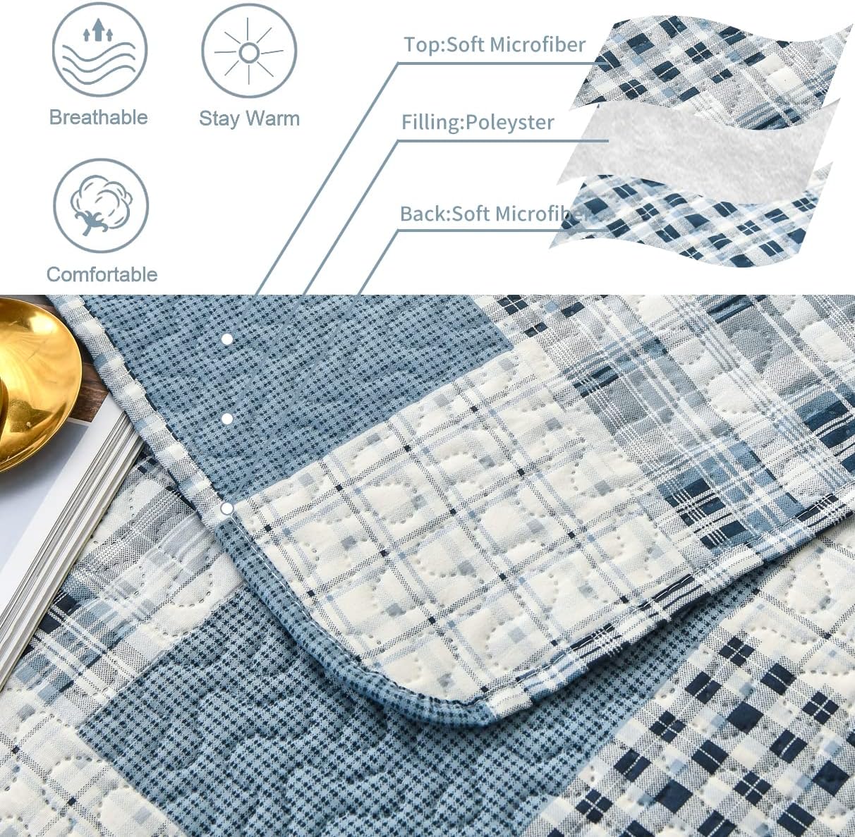 CHESITY 3 Piece Plaid Quilt Set Queen Size
