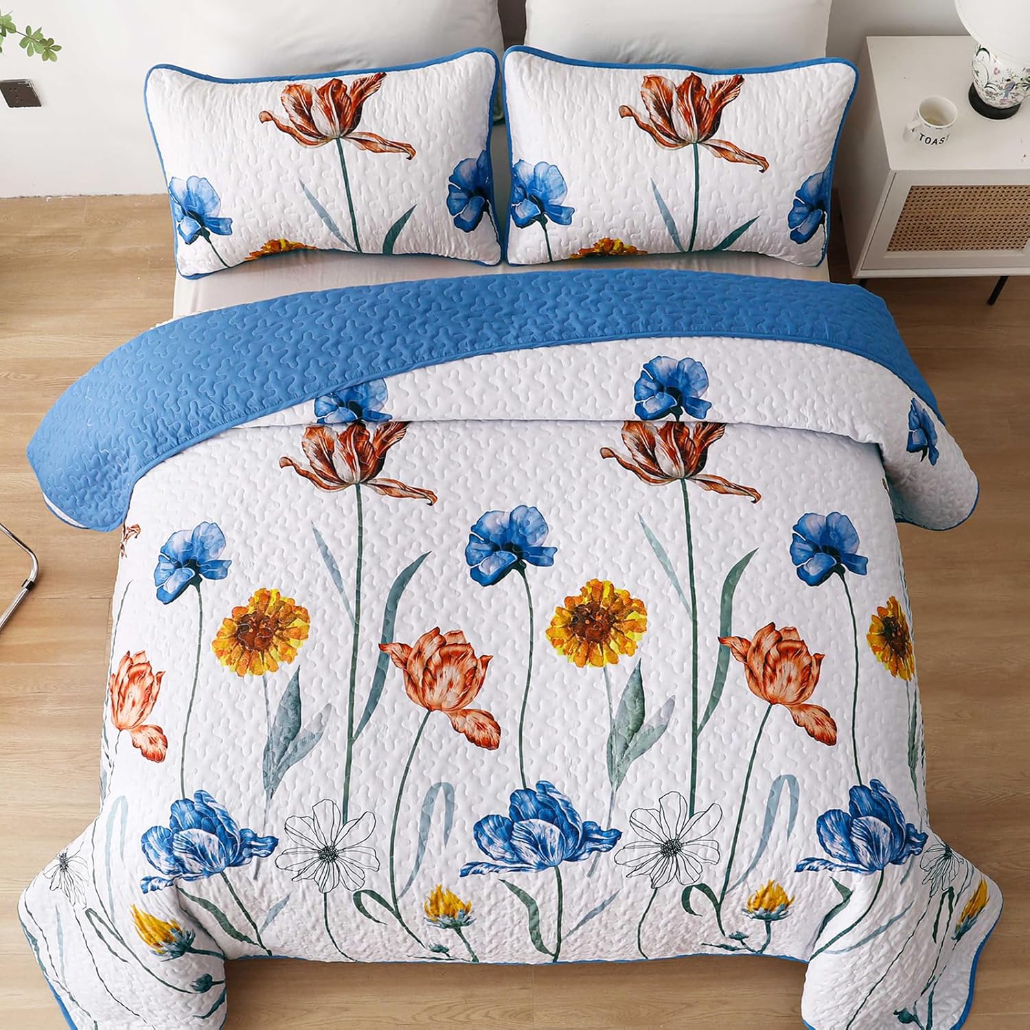 WONGS BEDDING Blue Floral Quilt Set Queen Size