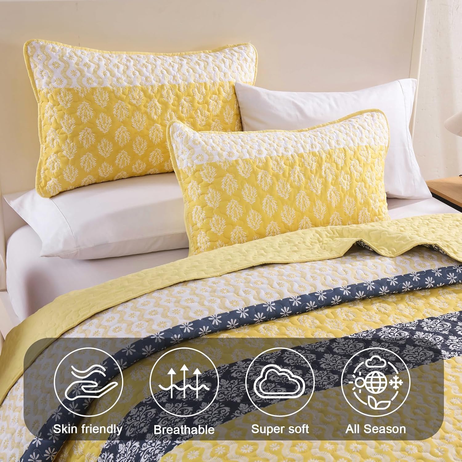 Cottolester Boho Quilt Set Queen Size Yellow Striped