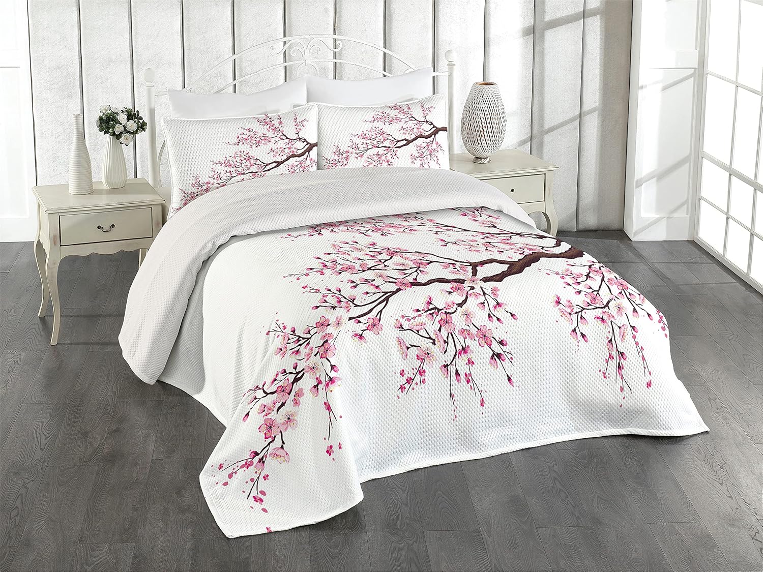 Ambesonne Sakura Tree Bedspread Set Dark Brown 3 Piece