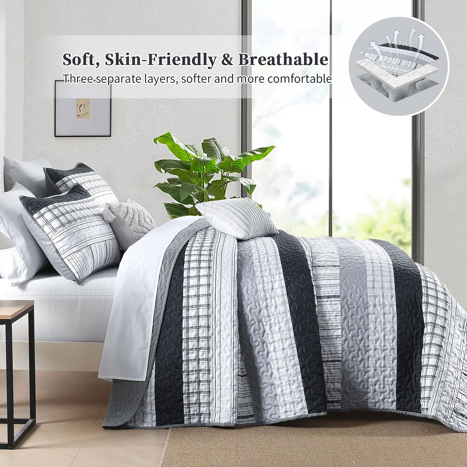 DJY Grey Boho Stripe Quilt Set 3 Piece King Size