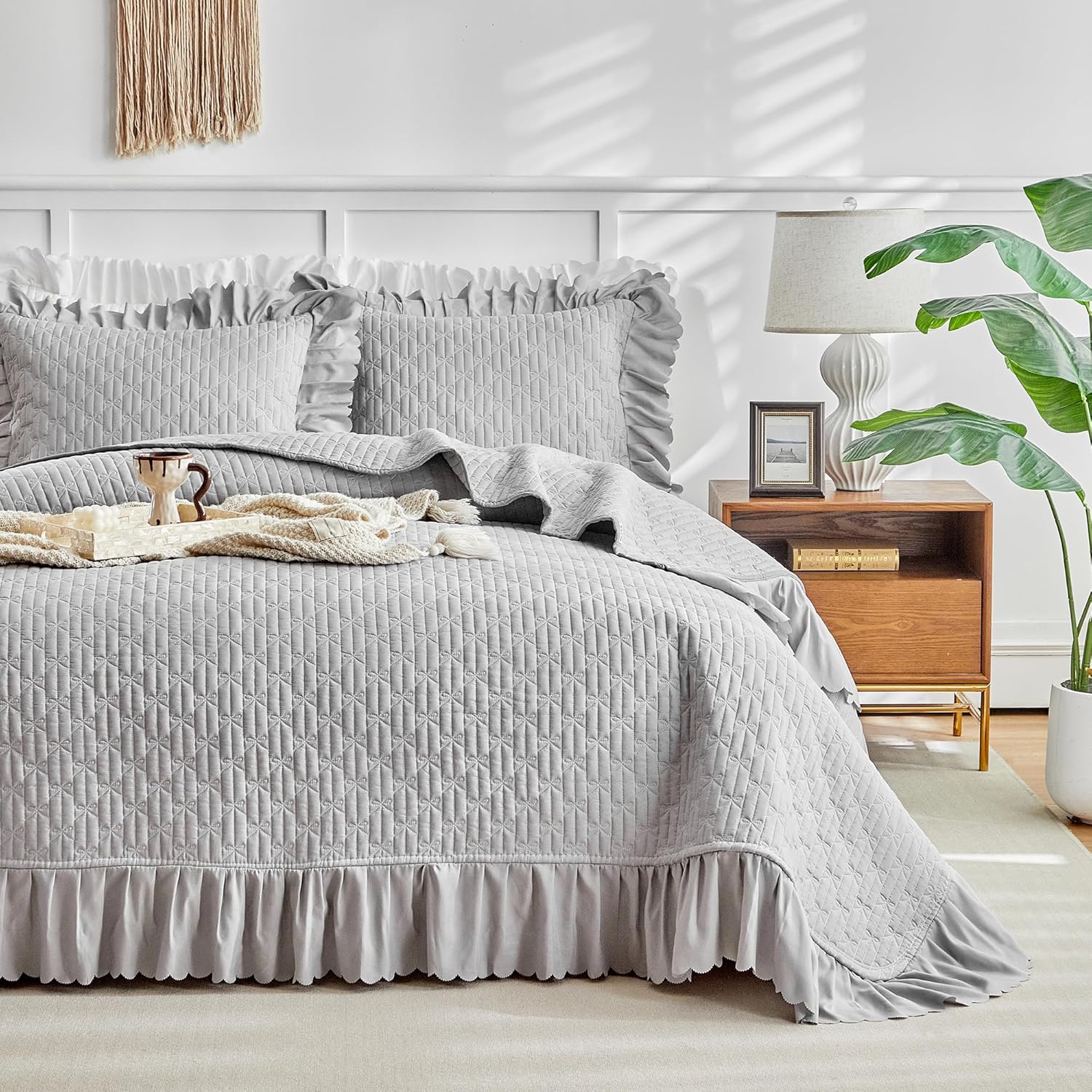 UOZZI BEDDING Ruffled Quilt Set King Size 96x108 Gray