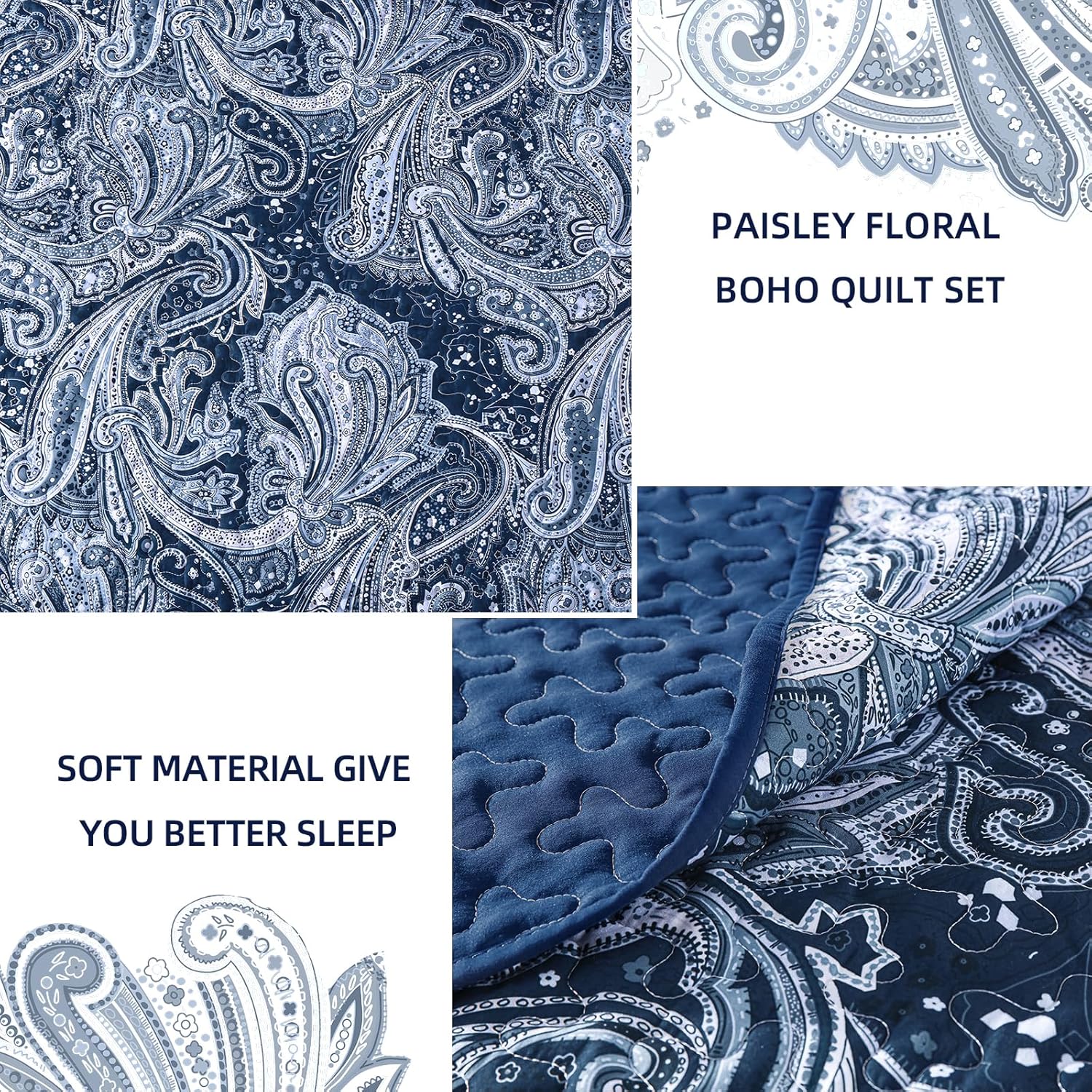 DJY Navy Paisley Queen Quilt Set 3 pcs