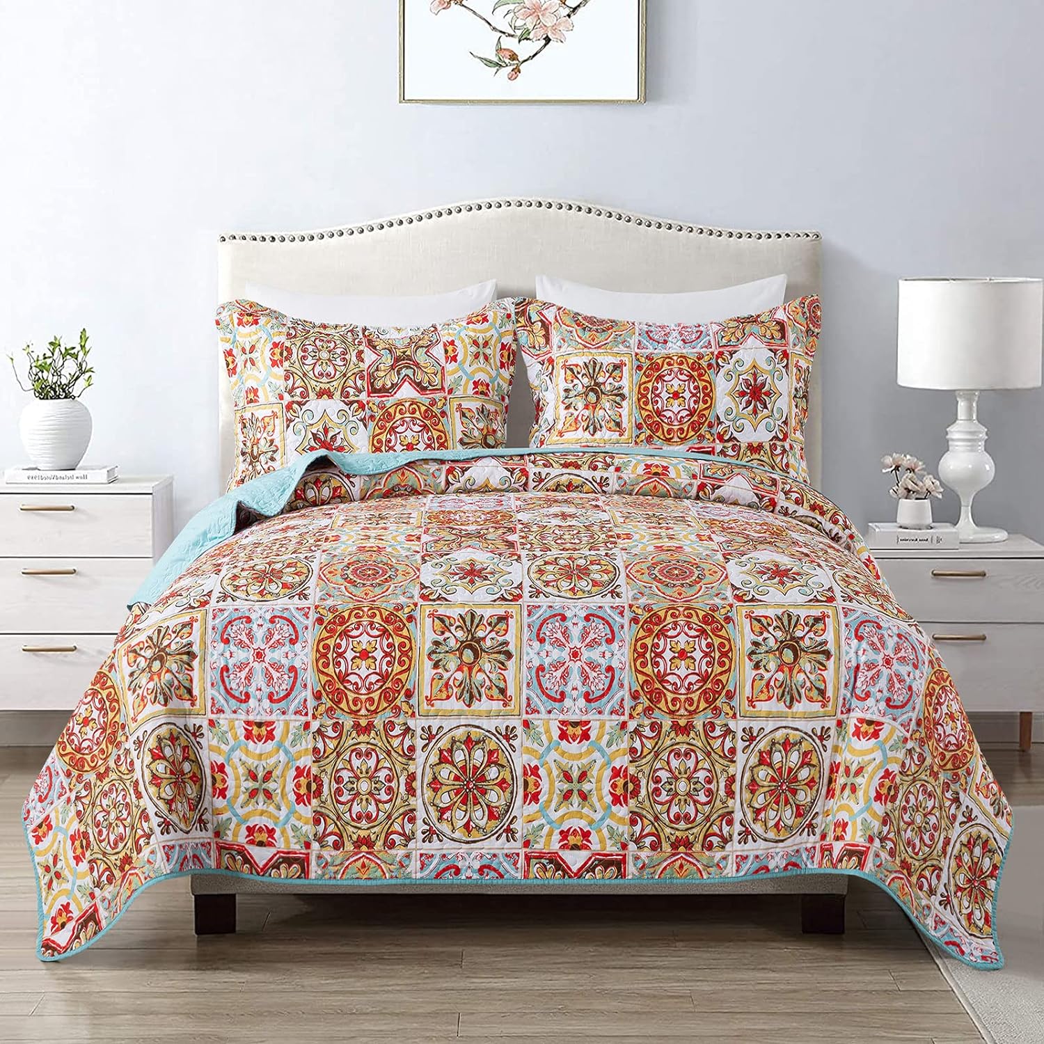 HoneiLife Bedspread Quilt Set King - 3 Piece Moroccan Pattern