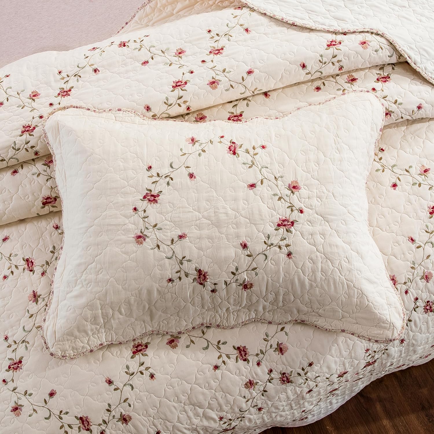ROOMLIFE Floral Leaves 3D Embroidery Quilt Set 3 PCS