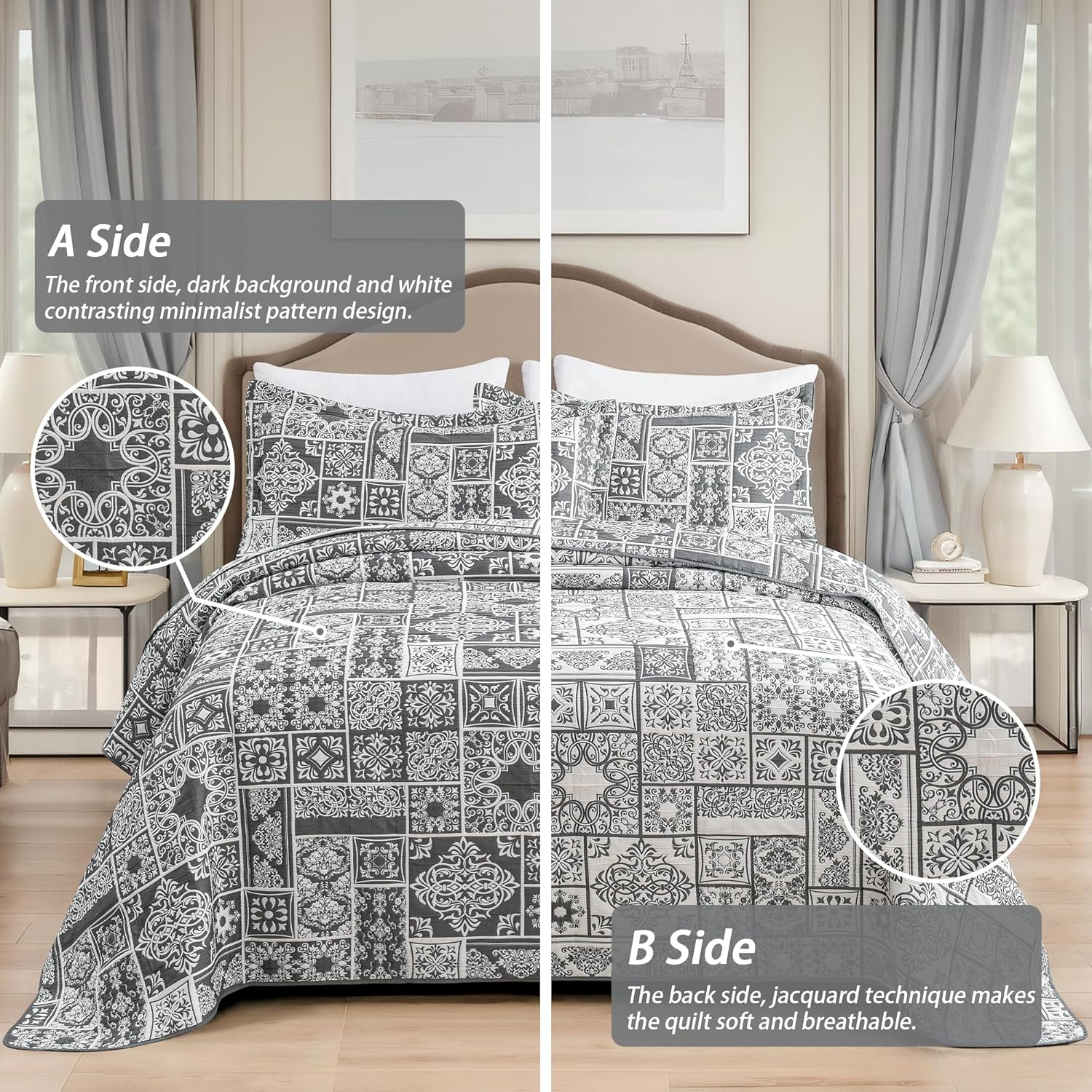Asuexpect 3 Piece Grey Patchwork Bedspread Set King Size 1