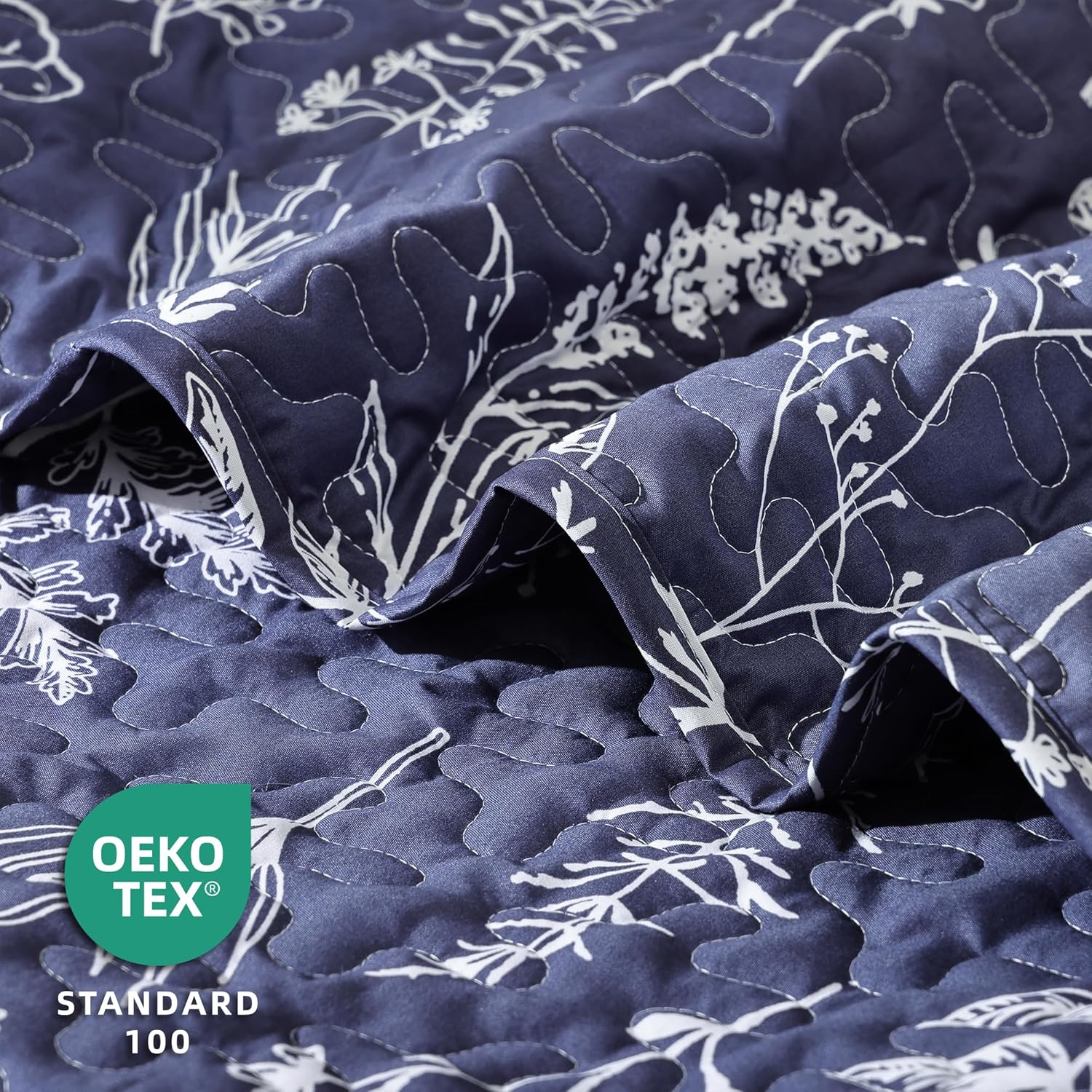 JANZAA Queen Size Navy Blue Floral Quilt Set