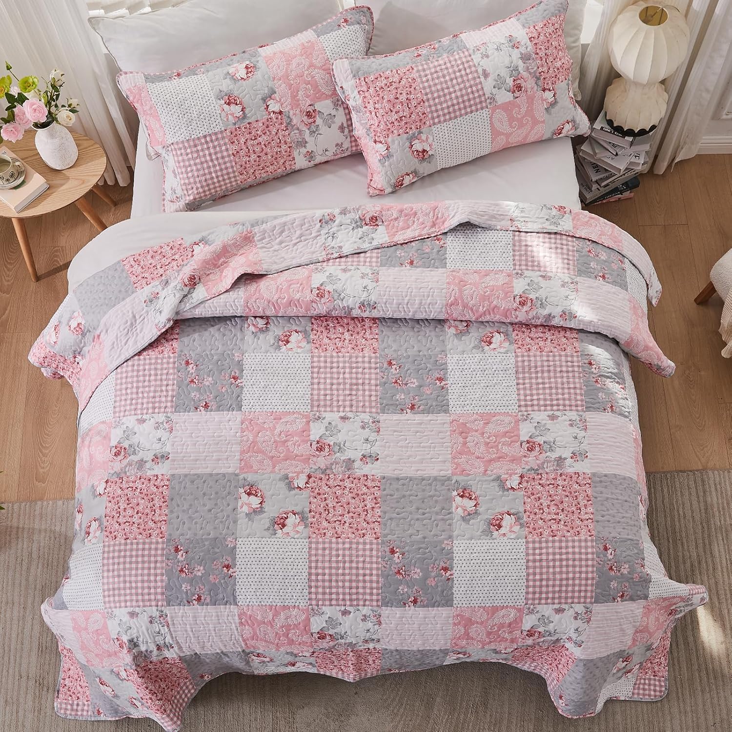 KINBEDY Oversized King Quilt Set 3 Piece Floral Patchwork