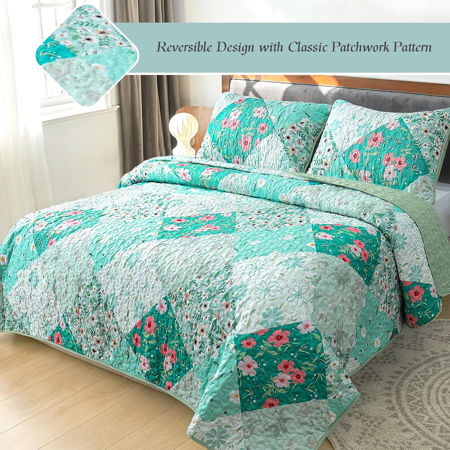 Whale Flotilla Light Green Reversible Quilt Set Twin Size