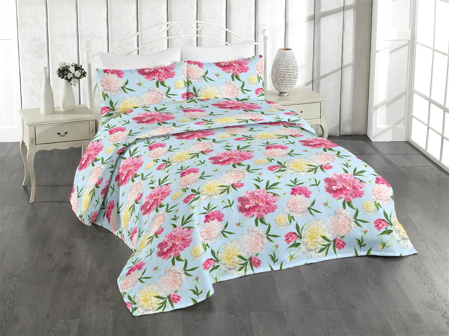 Ambesonne Floral Bedspread Set Queen Size