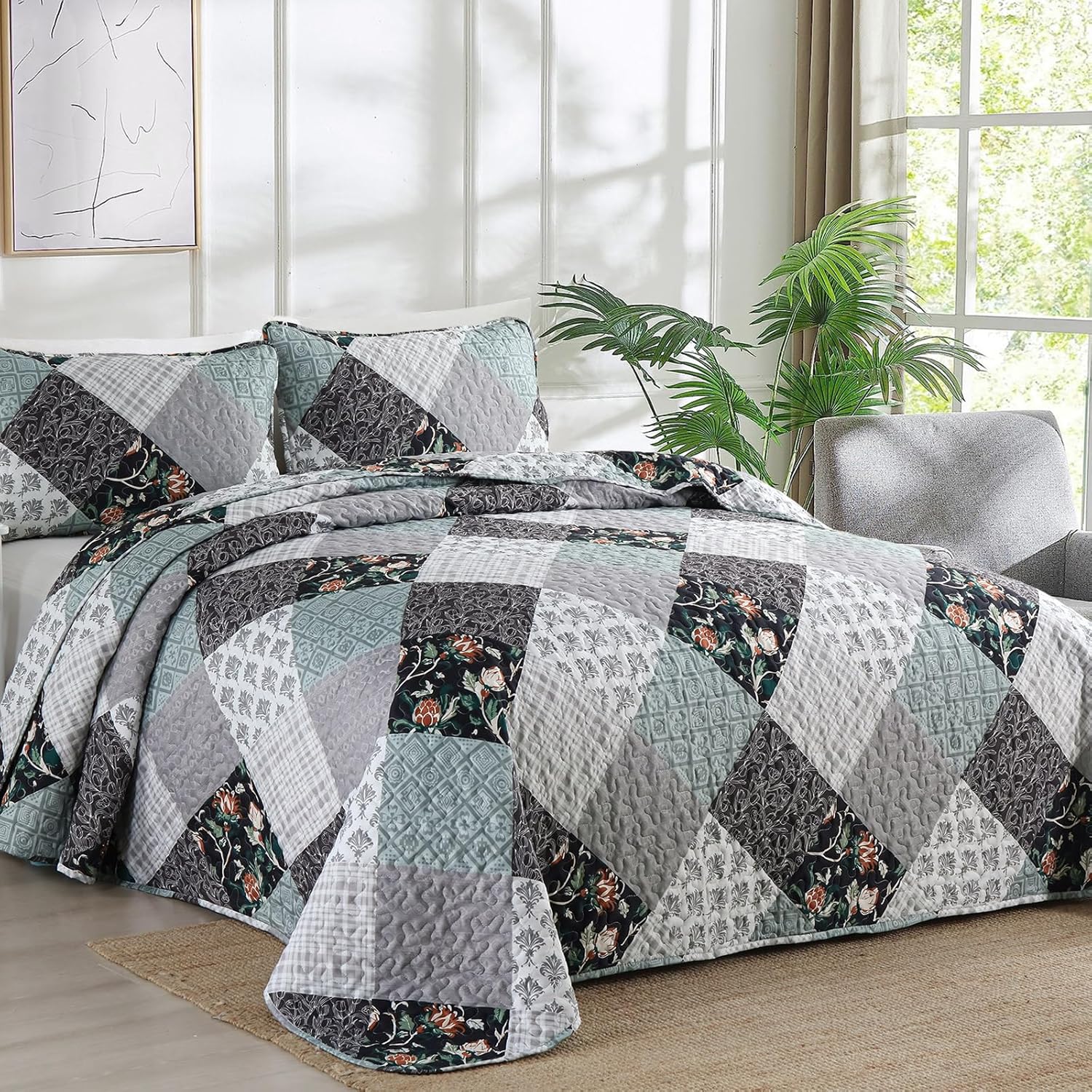 Xruibed Plaid Patchwork Quilt Set Queen 3 Pieces
