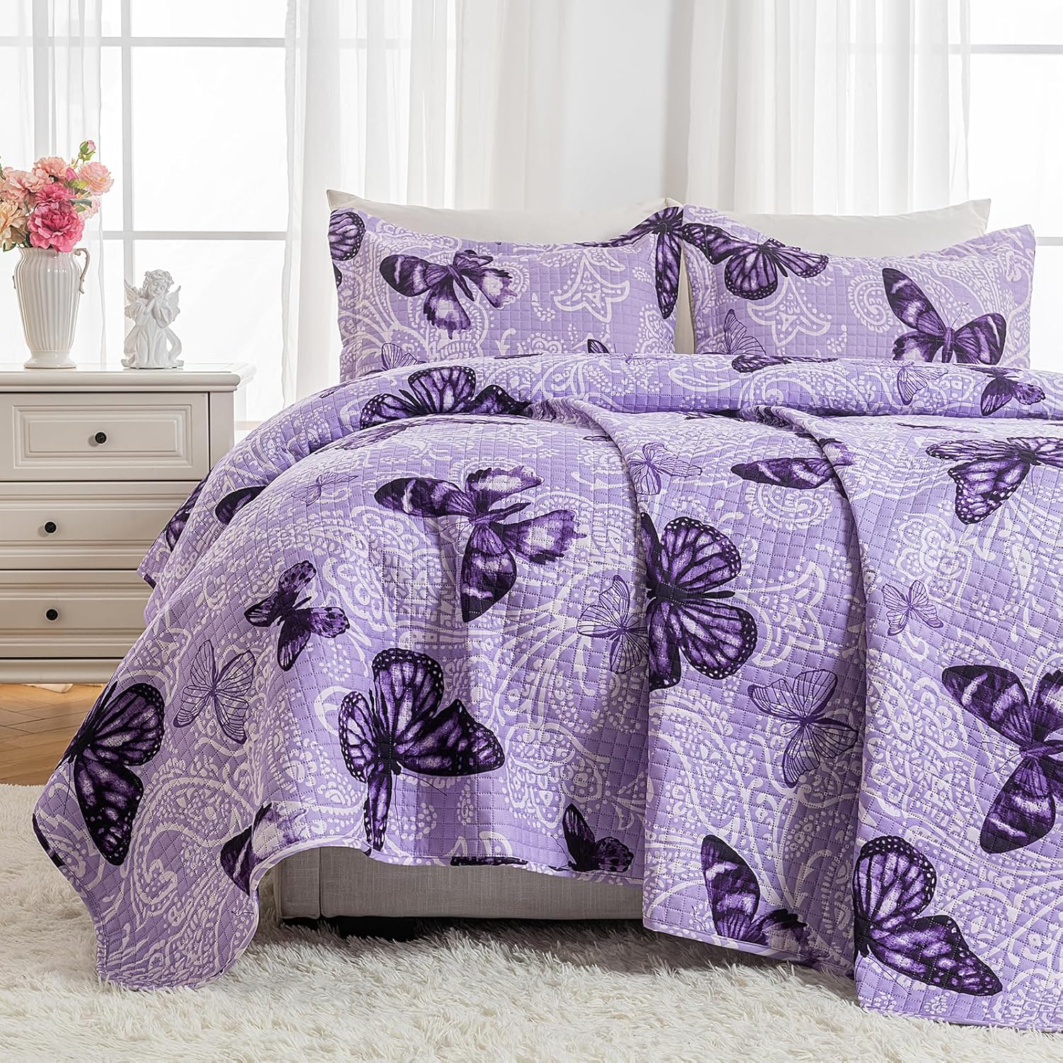 ARTALL Quilt Set 3-Piece Full Queen Size Paisley Butterfly Purple