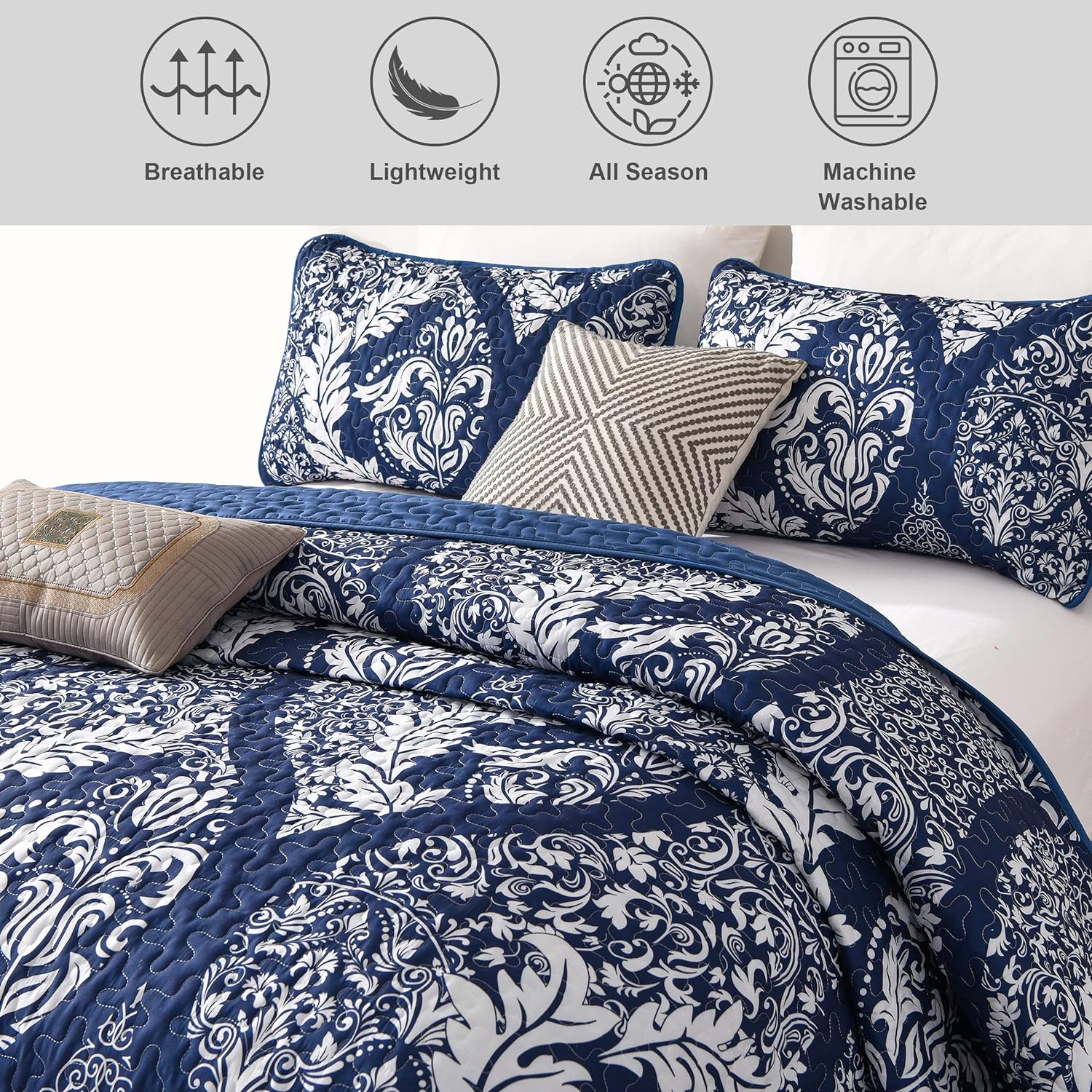 DJY Navy Quilt Set King Size 3 Piece