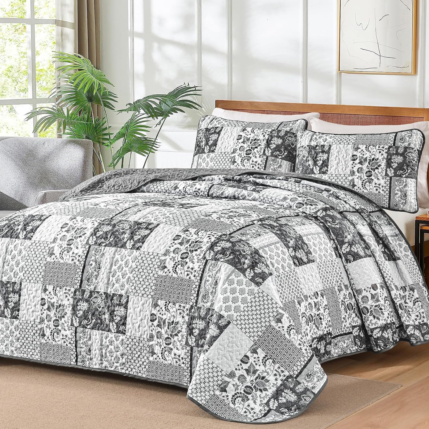WONGS BEDDING Grey Patchwork Quilt Set King Size 3 Pieces