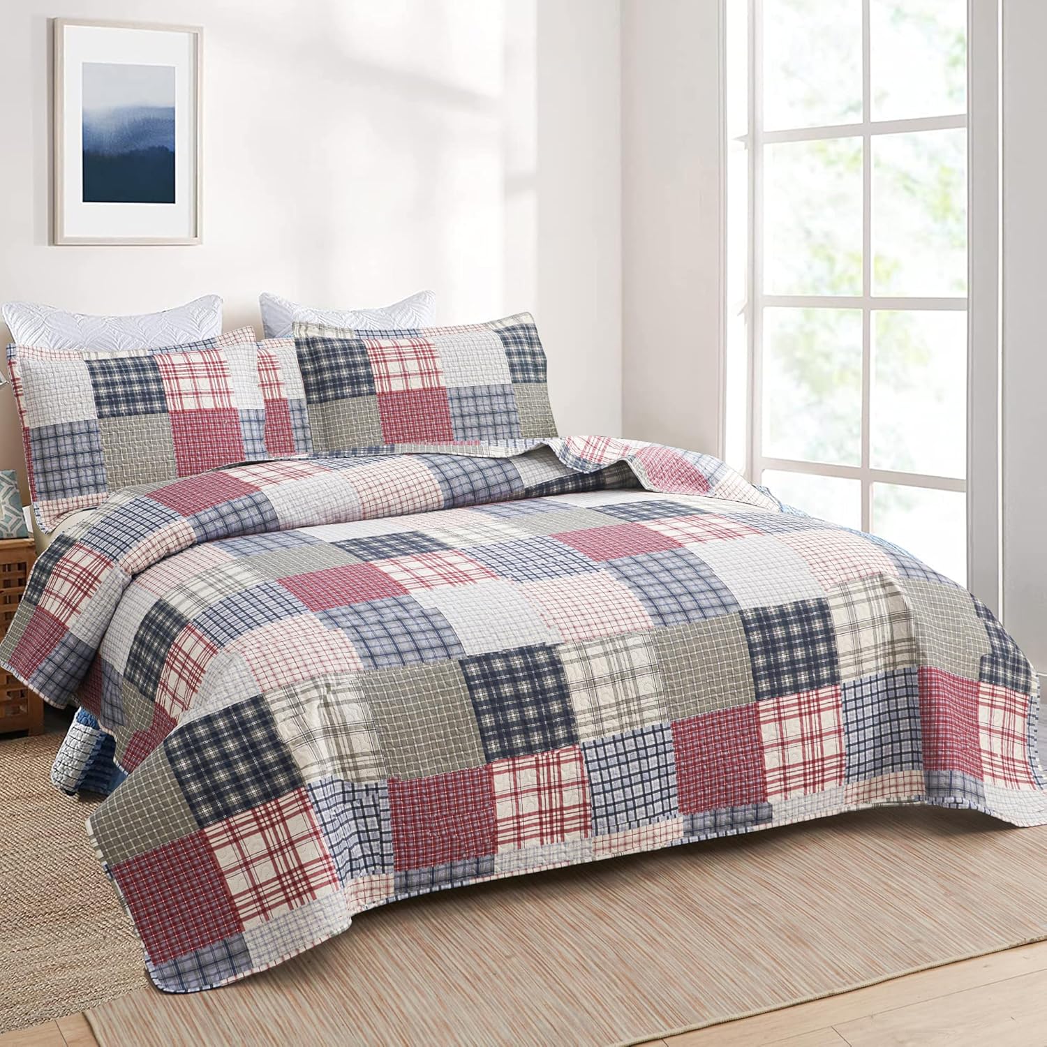 Ycosy King Size Plaid Quilt Set with 2 Pillow Shams 1