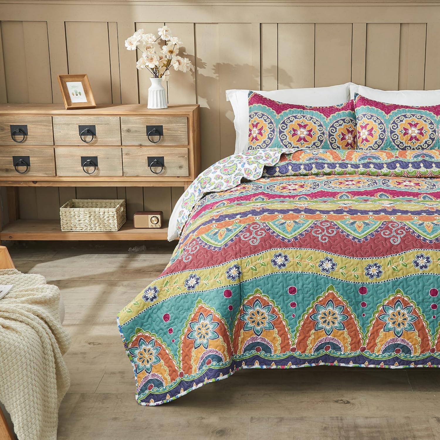 Vibrant Boho Reversible King Size Quilt Set