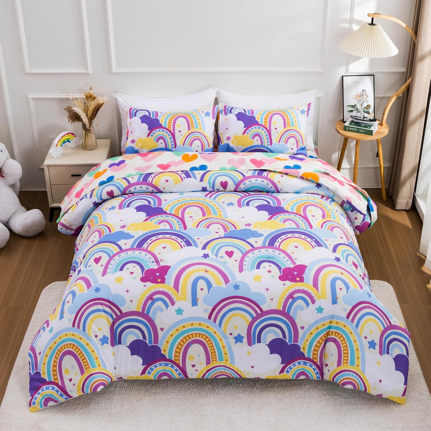 Btargot 5 Piece Light Purple Rainbow Comforter Set for Kids 1