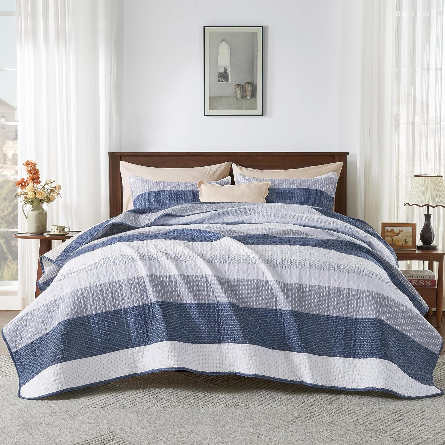 Andency Mineral Blue Striped Quilt Set with Pillowcases