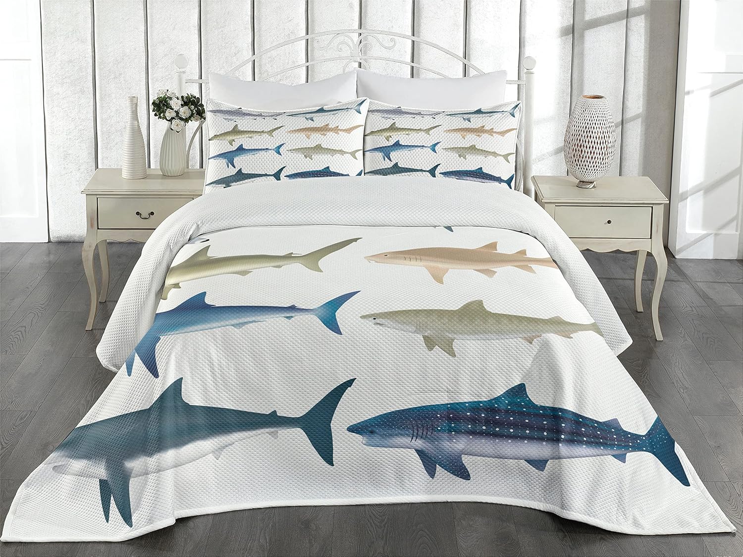 Lunarable Shark Coverlet Set Queen Size Blue Grey 1