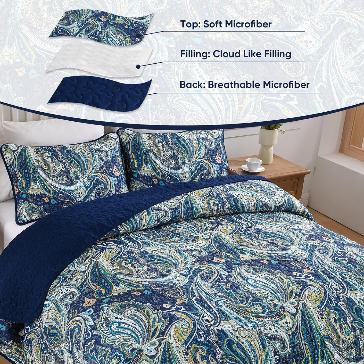 DJY Navy Blue Paisley Quilt Set 3 Piece King Size