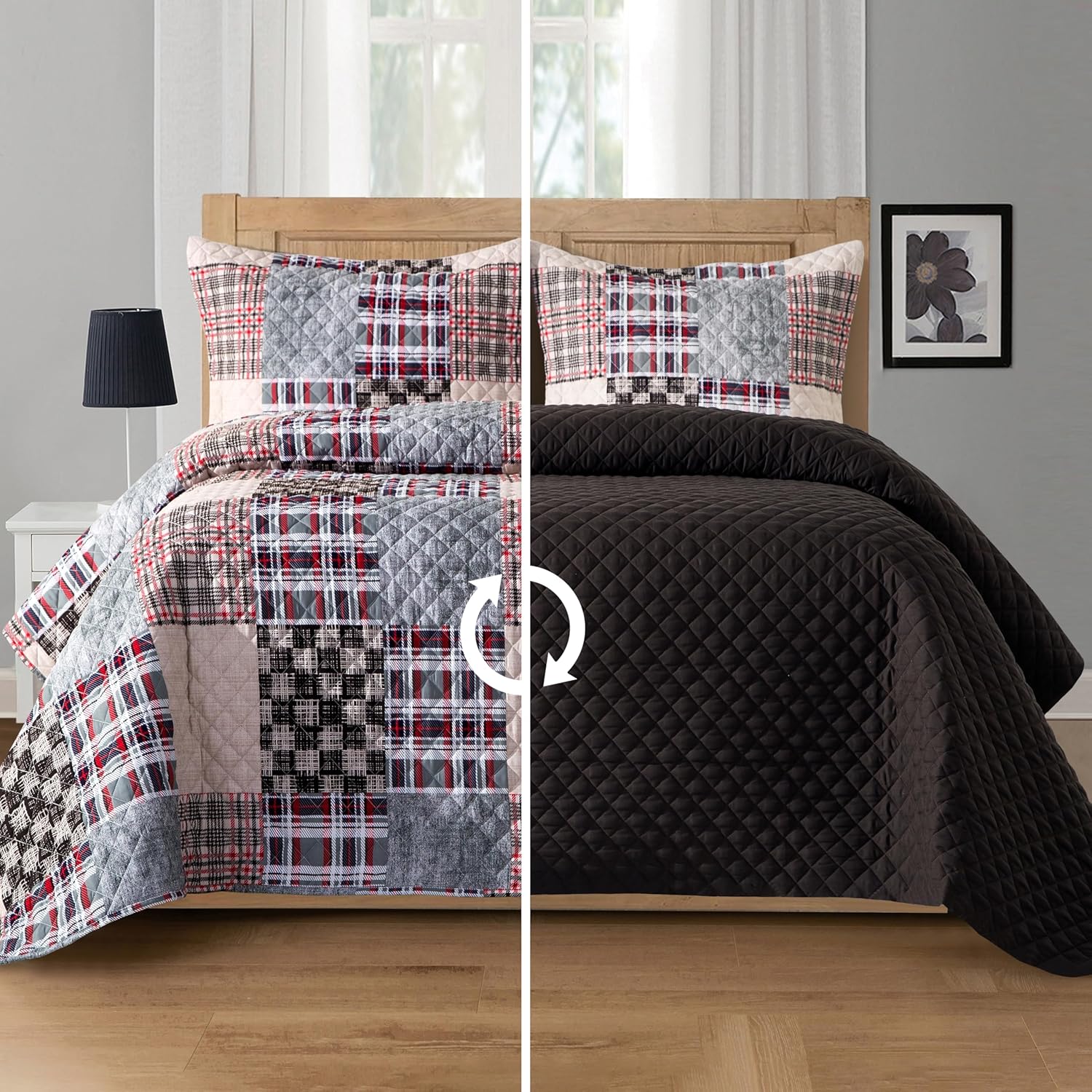 Elegant Comfort 3-Piece Plaid Reversible Quilt Set - King Brown