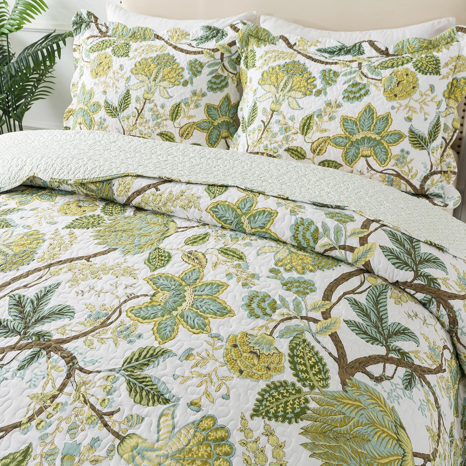 NEWLAKE Reversible Cotton Quilt Set - Floral Vine Pattern King Size