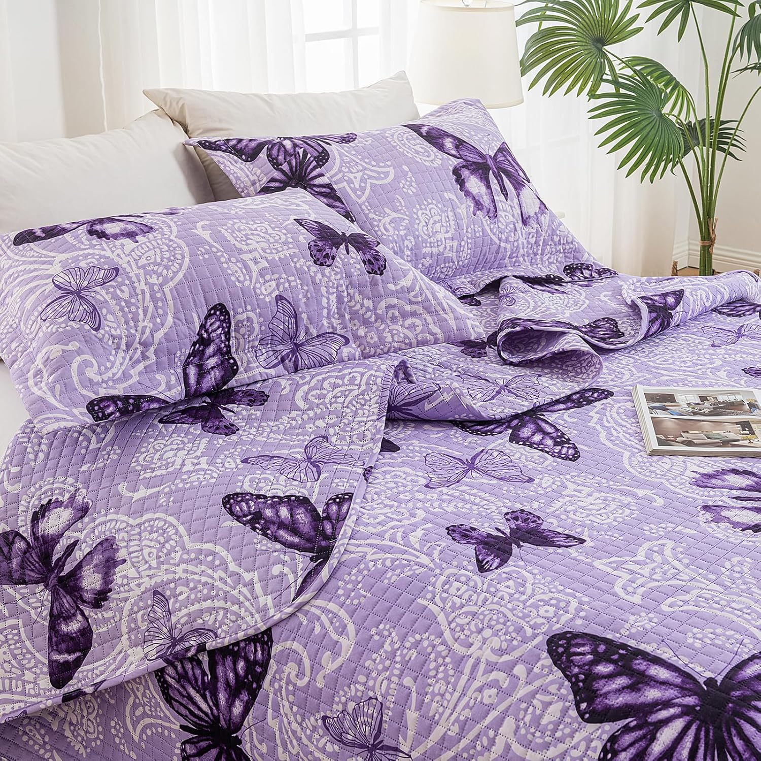 ARTALL Quilt Set 3-Piece Full Queen Size Paisley Butterfly Purple