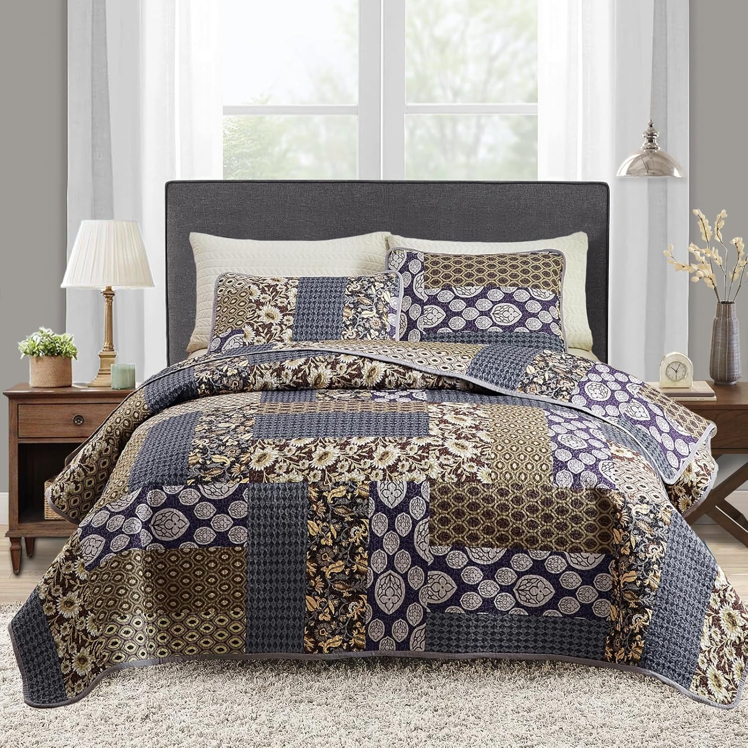 Flysheep 3-Piece Patchwork Quilt Set Khaki Blue Farmhouse Bedspread