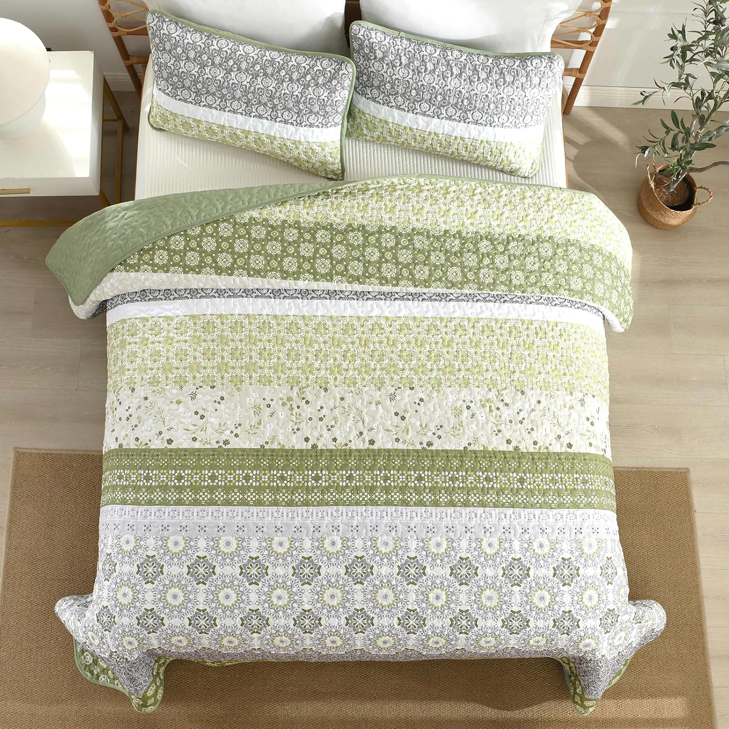 WONGS BEDDING Boho Quilt Set Queen Size Olive Green