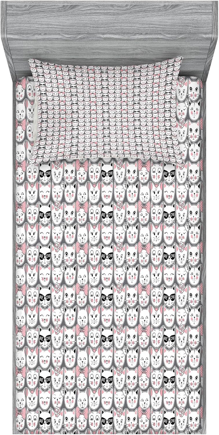 Ambesonne Cat Lover Sheet Pillow Sham Set TwinXL Pale Pink Black