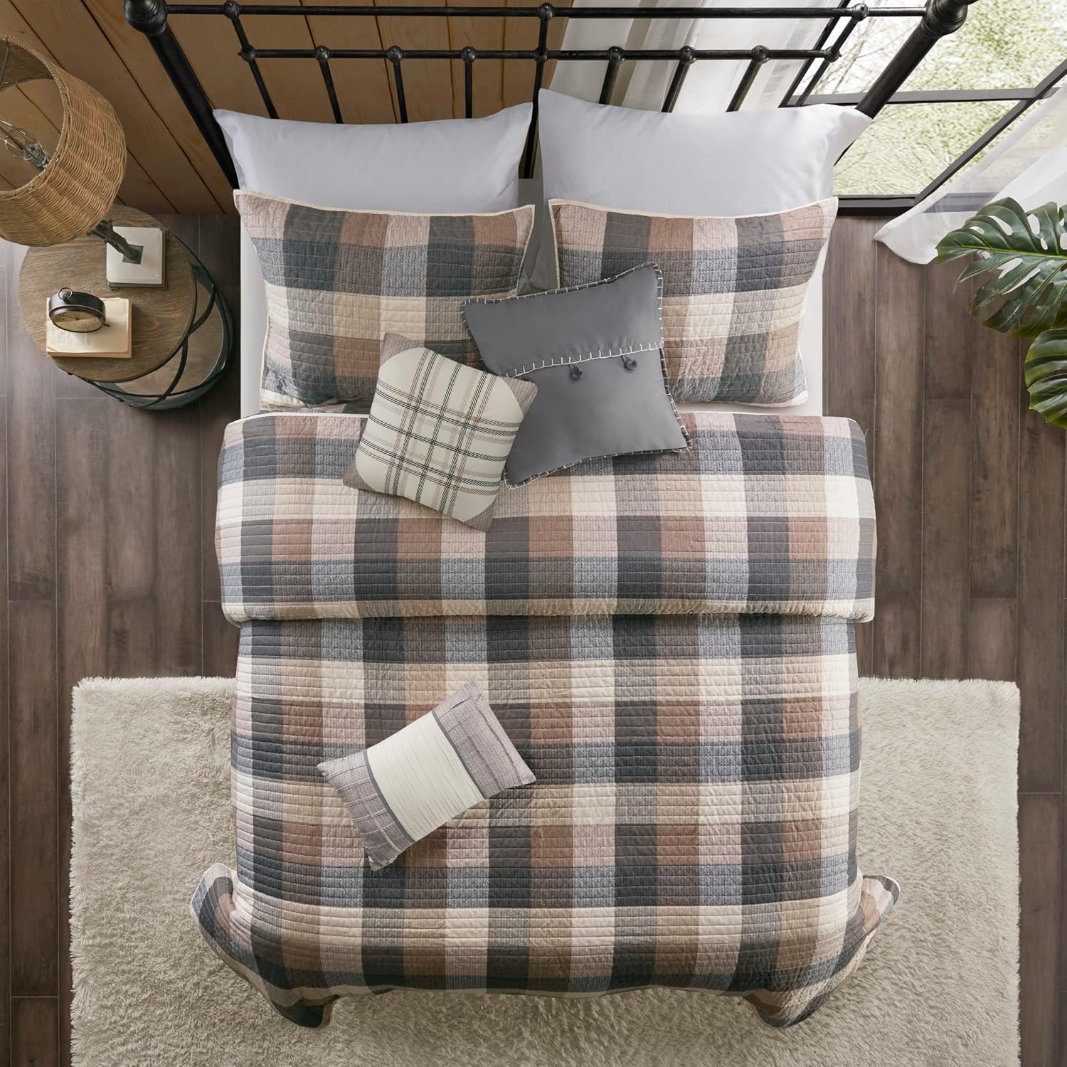 Madison Park Reversible Quilt Set - 6 Piece Neutral Plaid Cabin Style