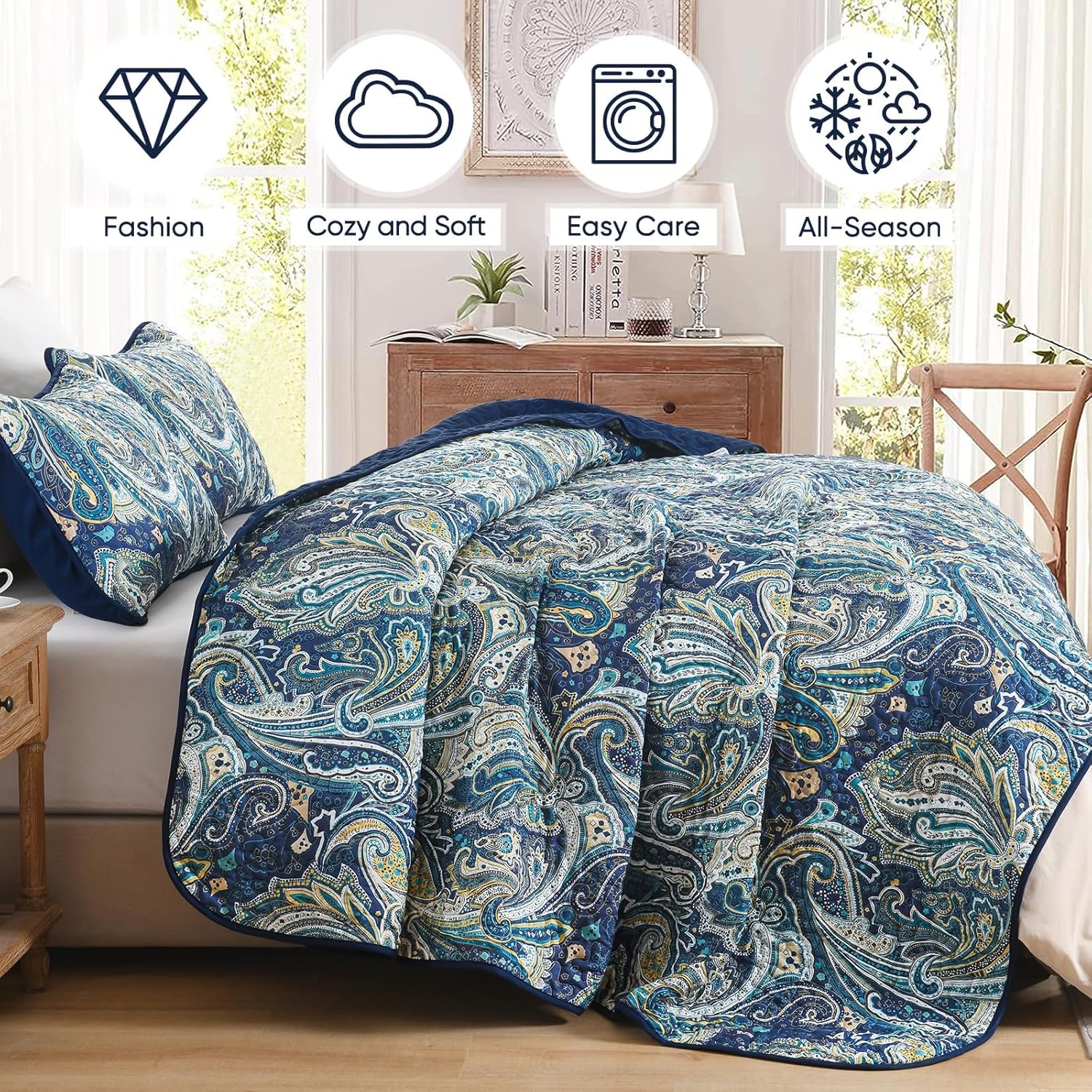 DJY Navy Blue Paisley Quilt Set 3 Piece King Size