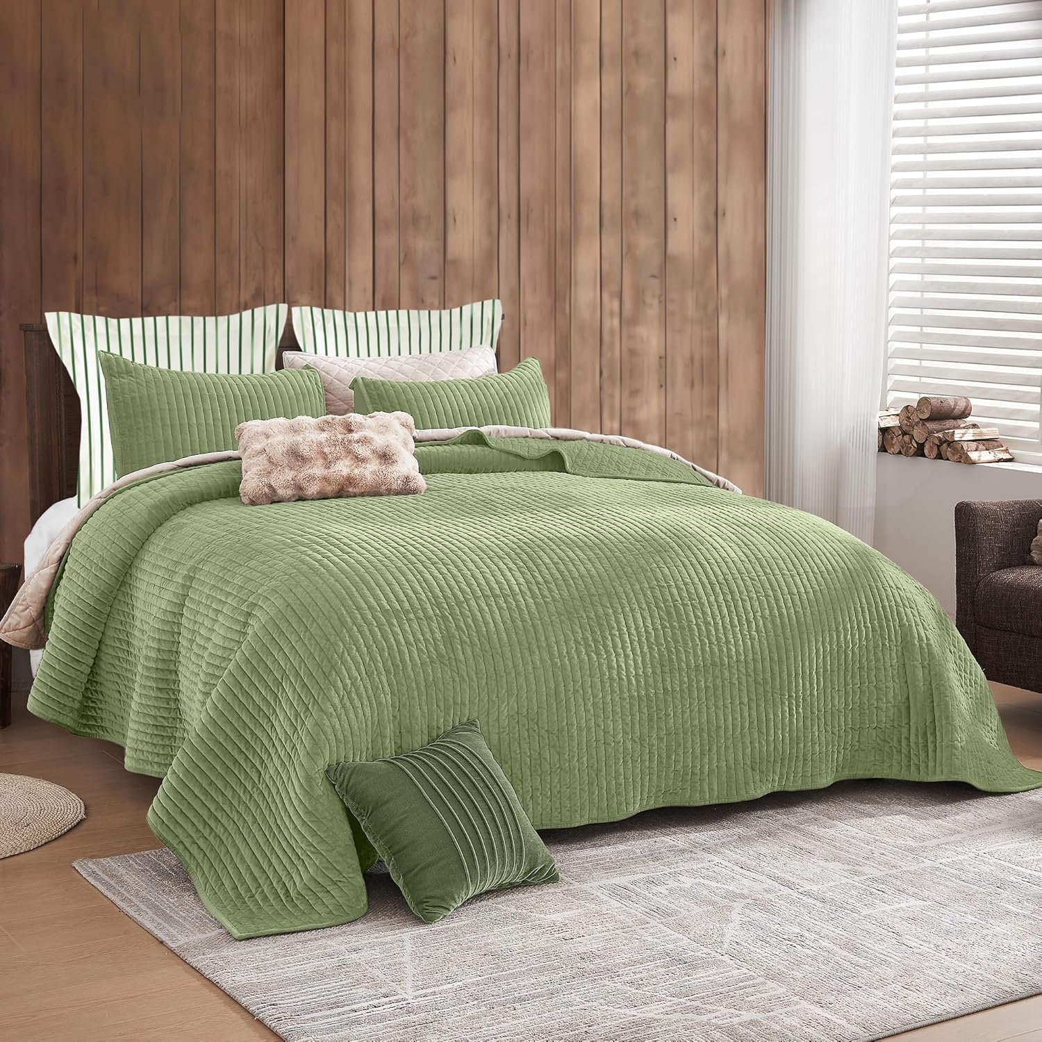 SHALALA Velvet Quilt Set King Size Vertical Striped