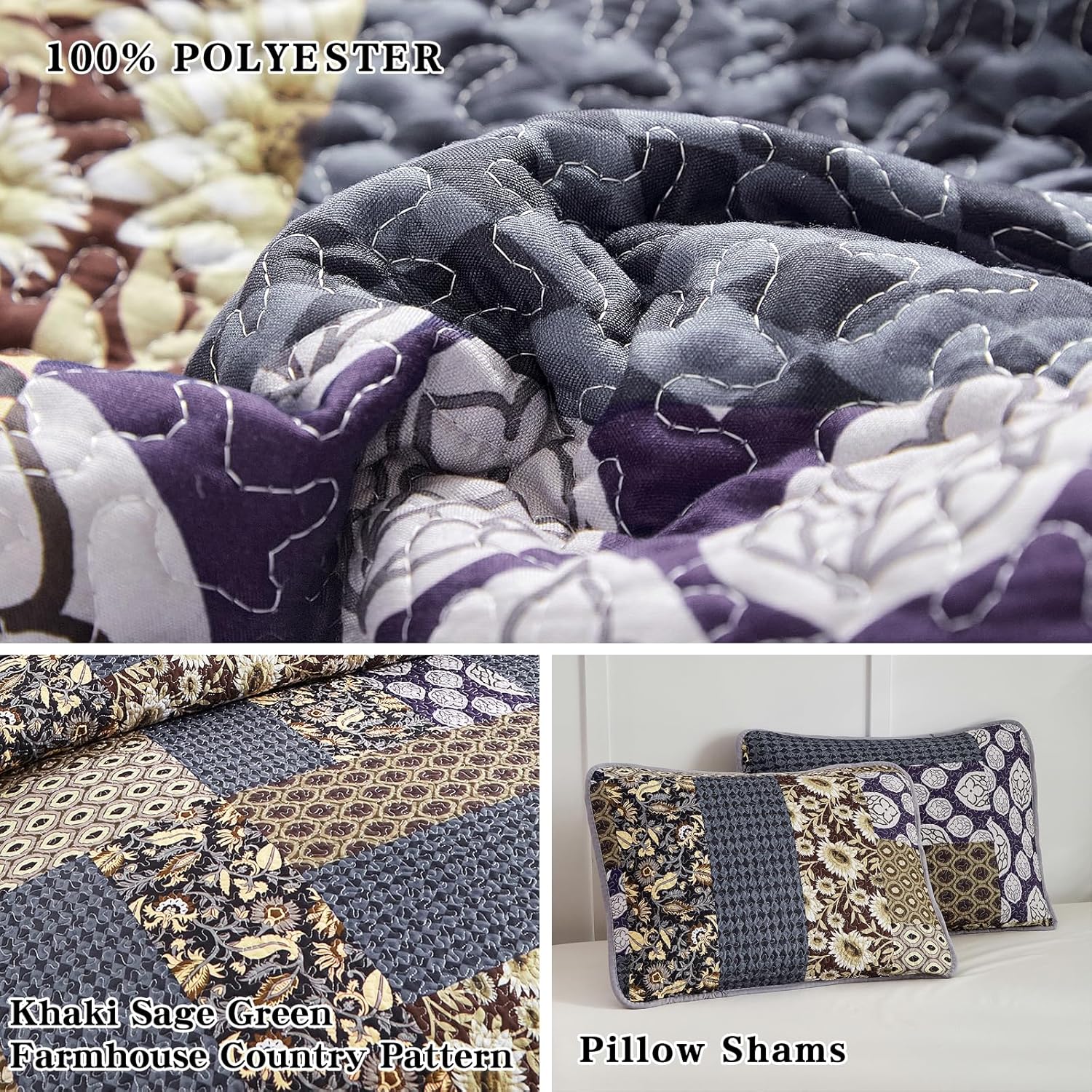 Flysheep 3-Piece Patchwork Quilt Set Khaki Blue Farmhouse Bedspread